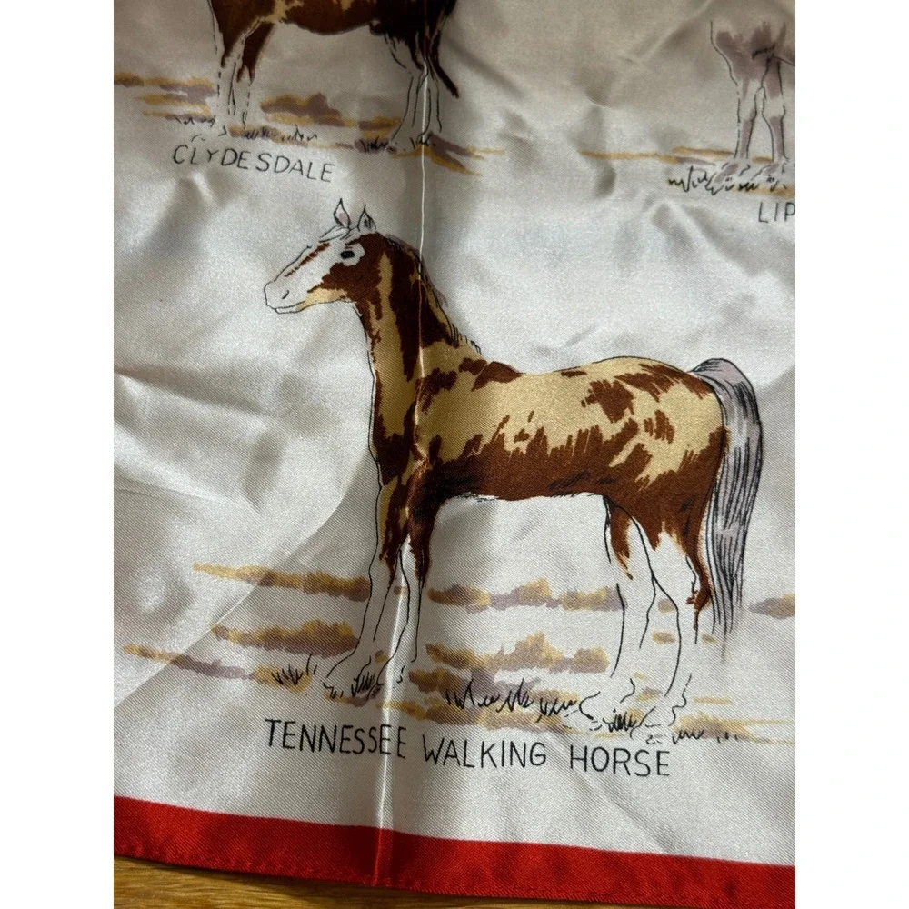 Vintage Horse Breeds Square Scarf Red White Equestrian Made in Japan 29x29